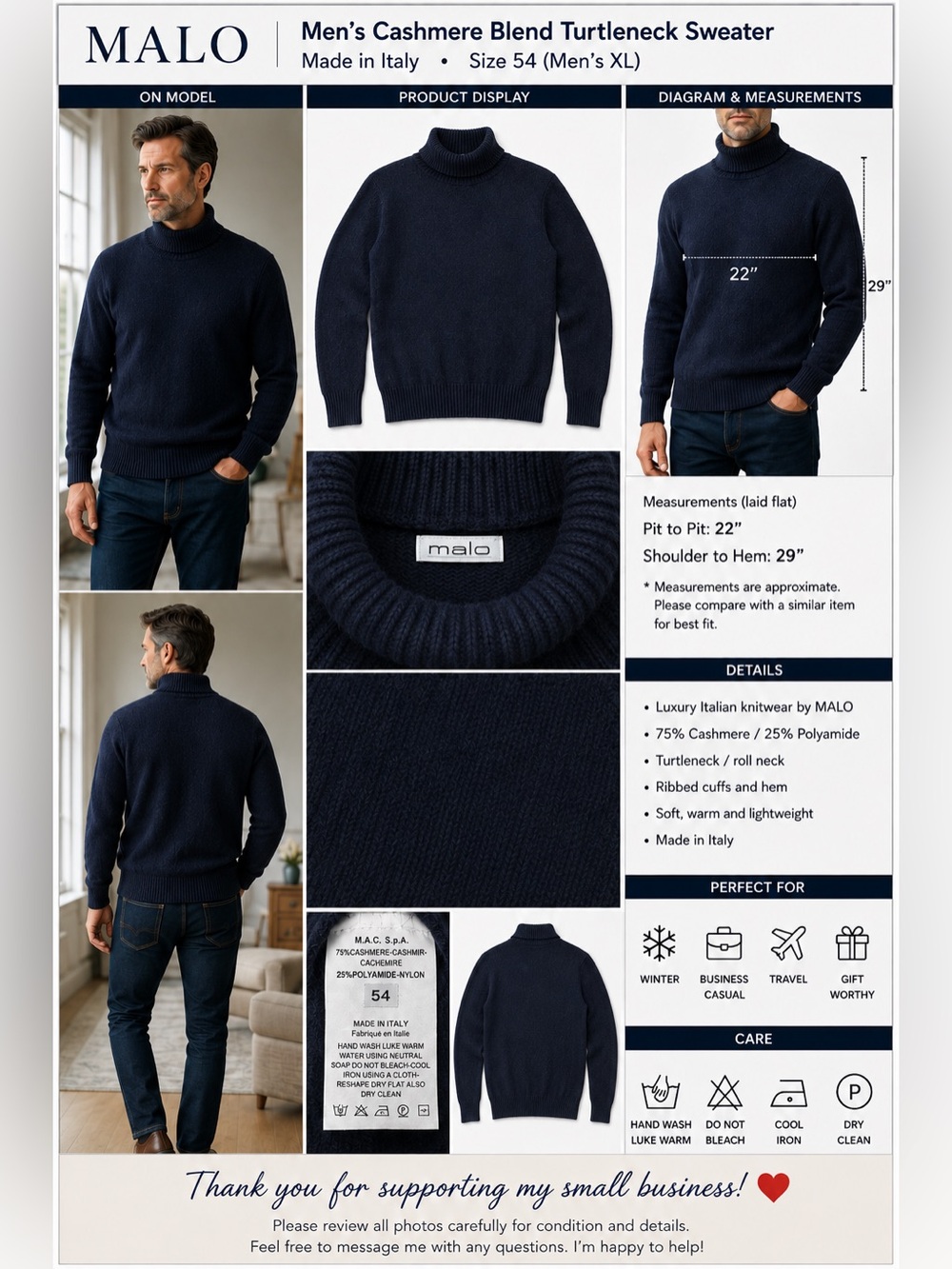 Malo Men’s Size 54 Cashmere Blend Cable Knit Turtleneck Sweater Made Italy Navy